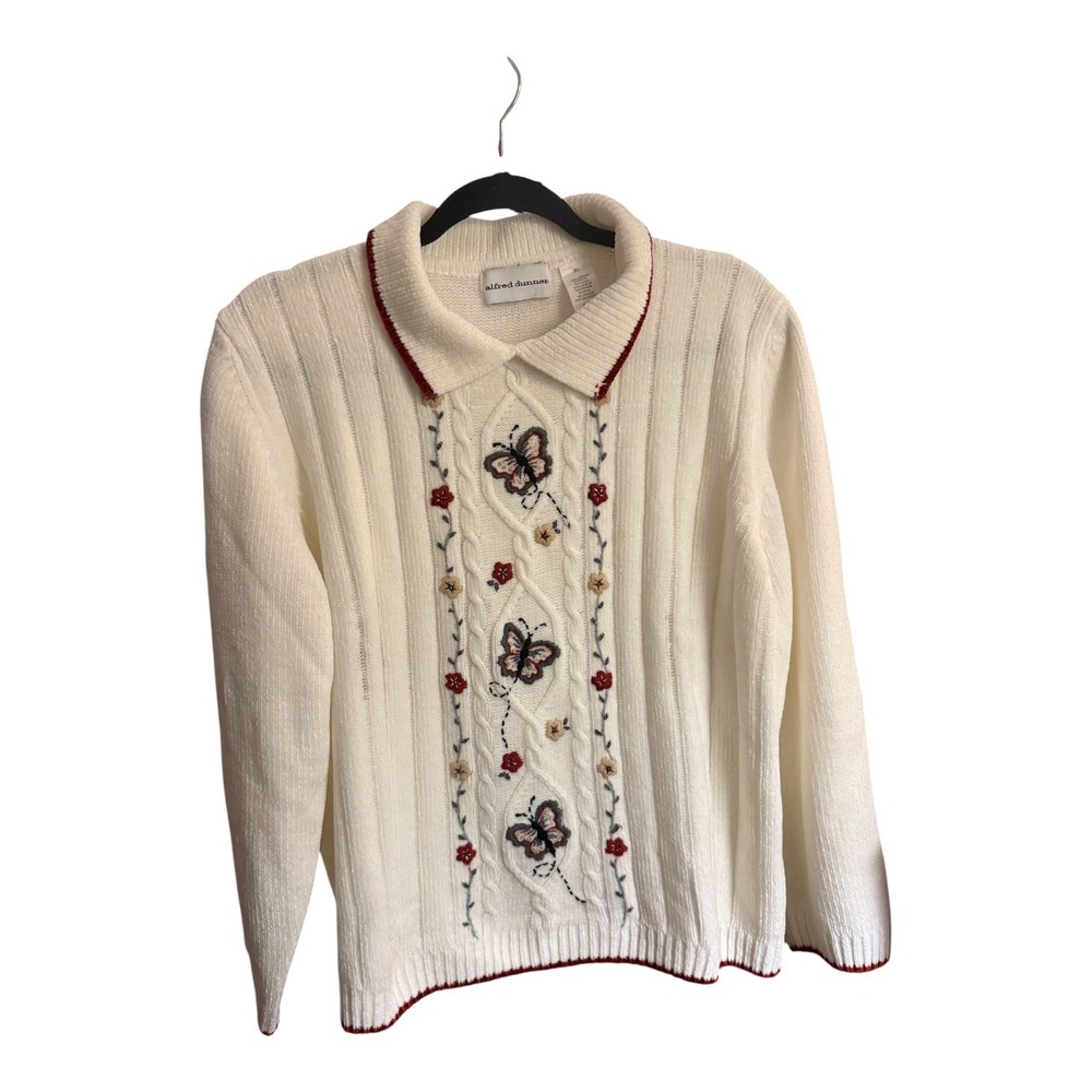 Alfred Dunner XL Ivory Butterfly Embroidered Cable Knit Collared Sweater